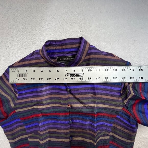 Christian Lu Womens Striped Silk Mandarin Collar Blouse Top/Jacket Size 1 Purple - Picture 7 of 10